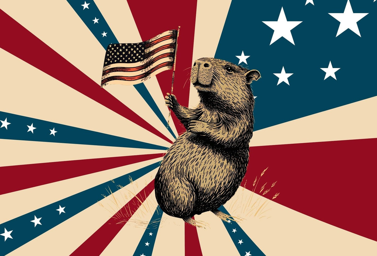 Engraving-style capybara holding a small American flag against red, cream and navy sunburst rays with white stars