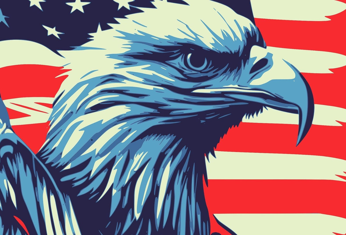 Pop-art bald eagle head in shades of blue against red and white stripes and stars