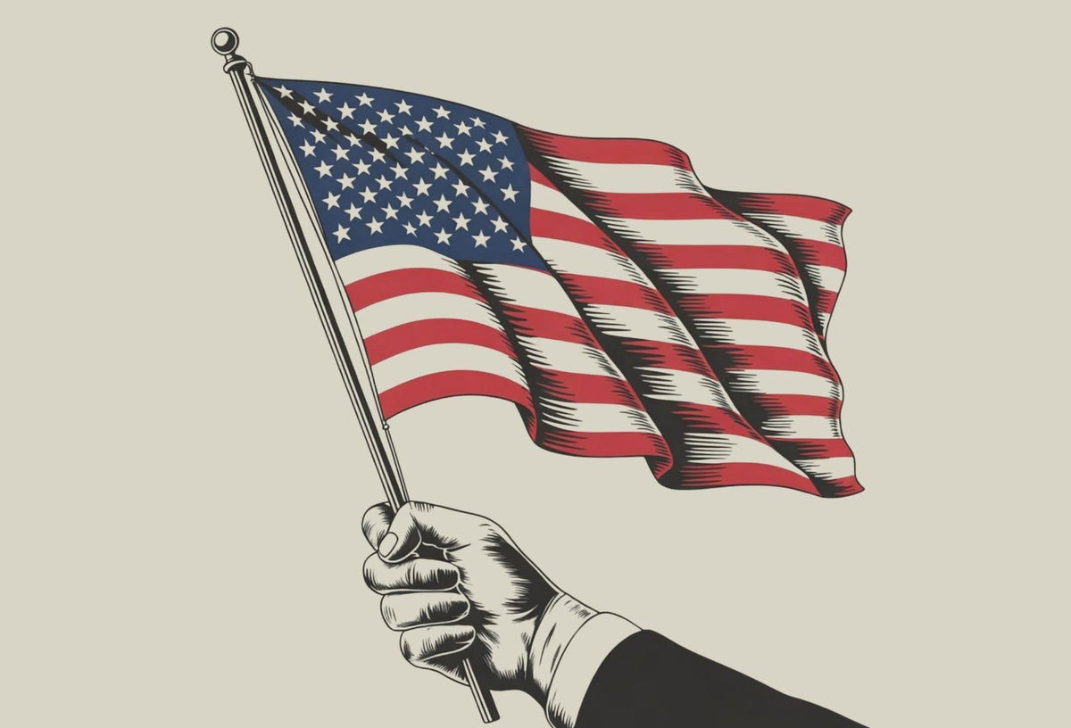 Illustration of a hand holding a waving American flag on a plain beige background