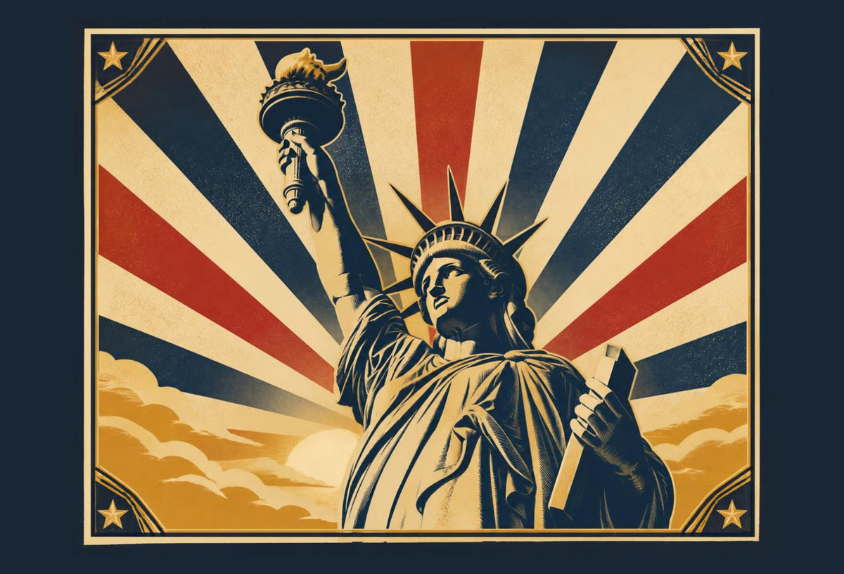 Vintage-style poster of the Statue of Liberty raising her torch against red, cream and navy sunburst rays