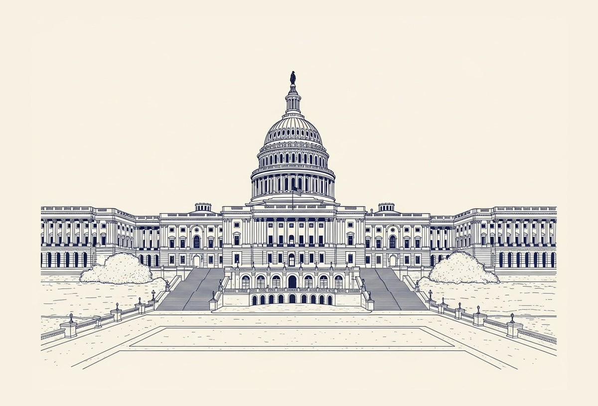 Navy line drawing of the U.S. Capitol building on a cream background