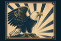 Vintage-style illustration of a bald eagle perched on a rock with navy sunburst rays, in a red, cream and navy frame with gold stars