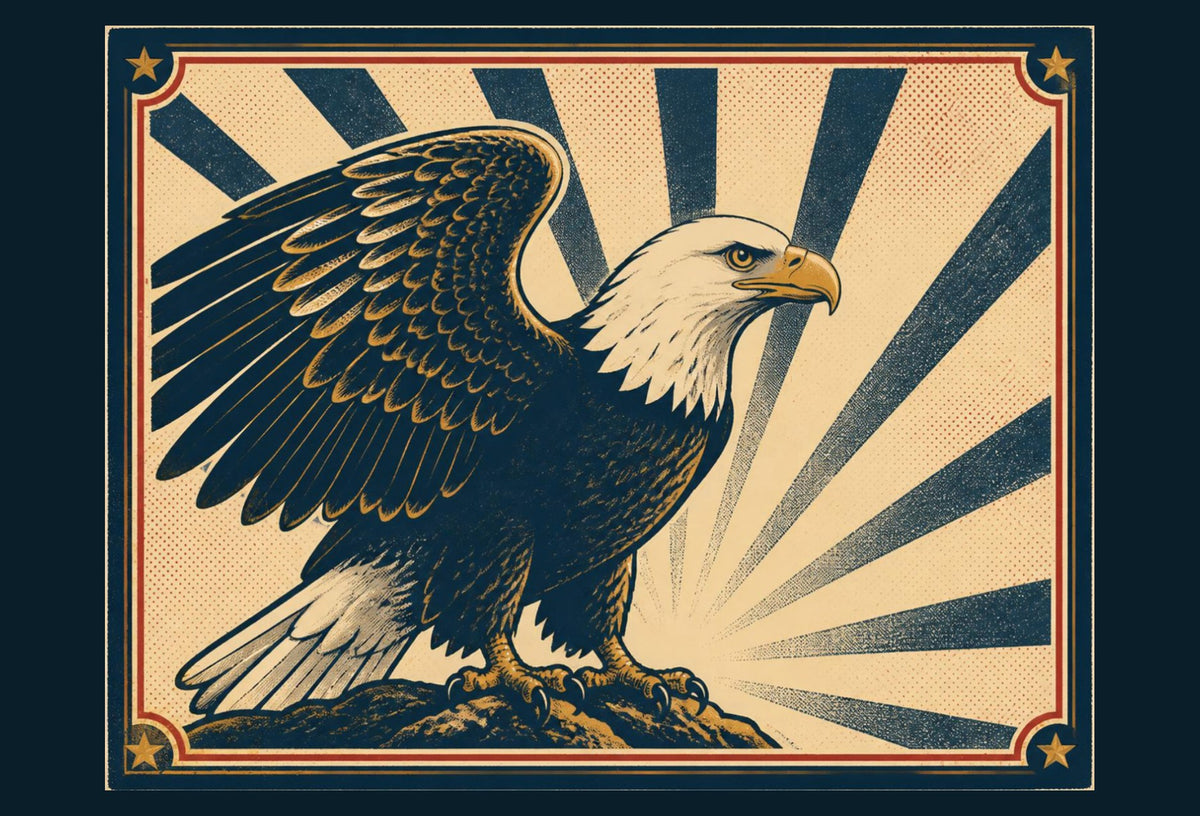 Vintage-style illustration of a bald eagle perched on a rock with navy sunburst rays, in a red, cream and navy frame with gold stars