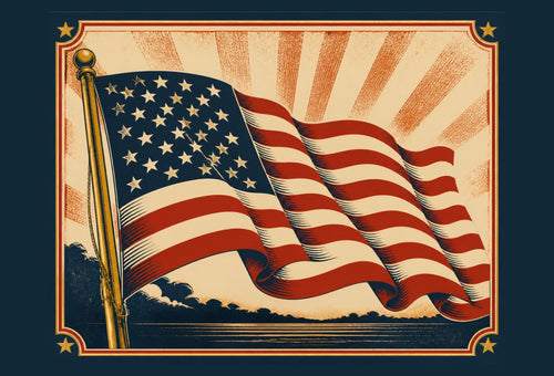Vintage-style illustration of a waving American flag on a gold pole against orange sunburst rays, in a navy frame with gold stars
